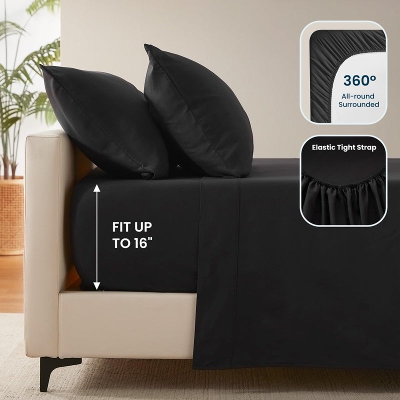 SLEEP ZONE Nanotex Super Soft Cooling King Bed Sheets Set 4 Piece - Easy Care Fitted Flat Sheet & Pillowcase Sets - Wrinkle Free, Fade Resistant, Deep Pocket 16" (Black, King) - Image 5